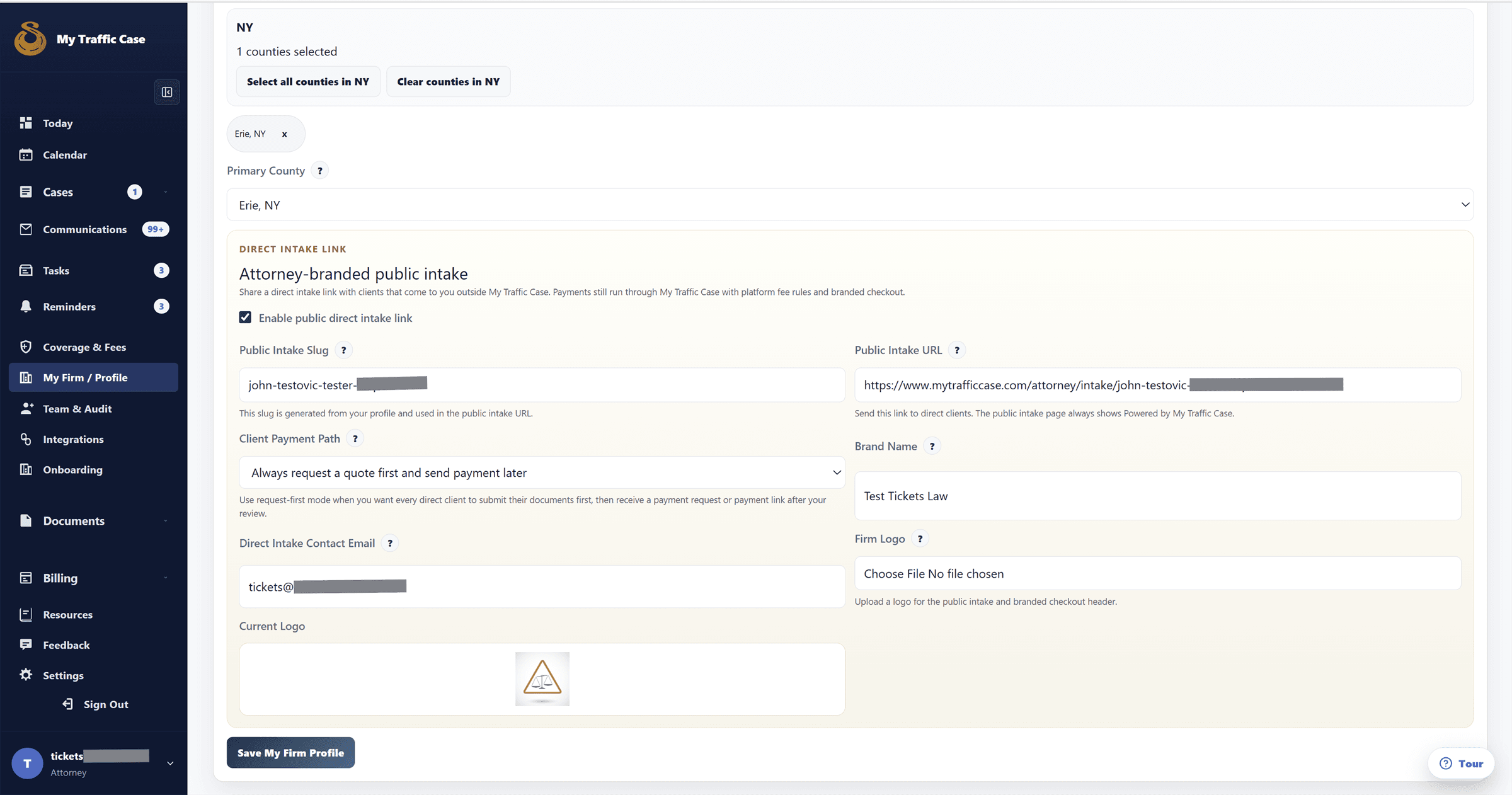 Sanitized branded attorney intake setup showing public intake URL and firm settings.