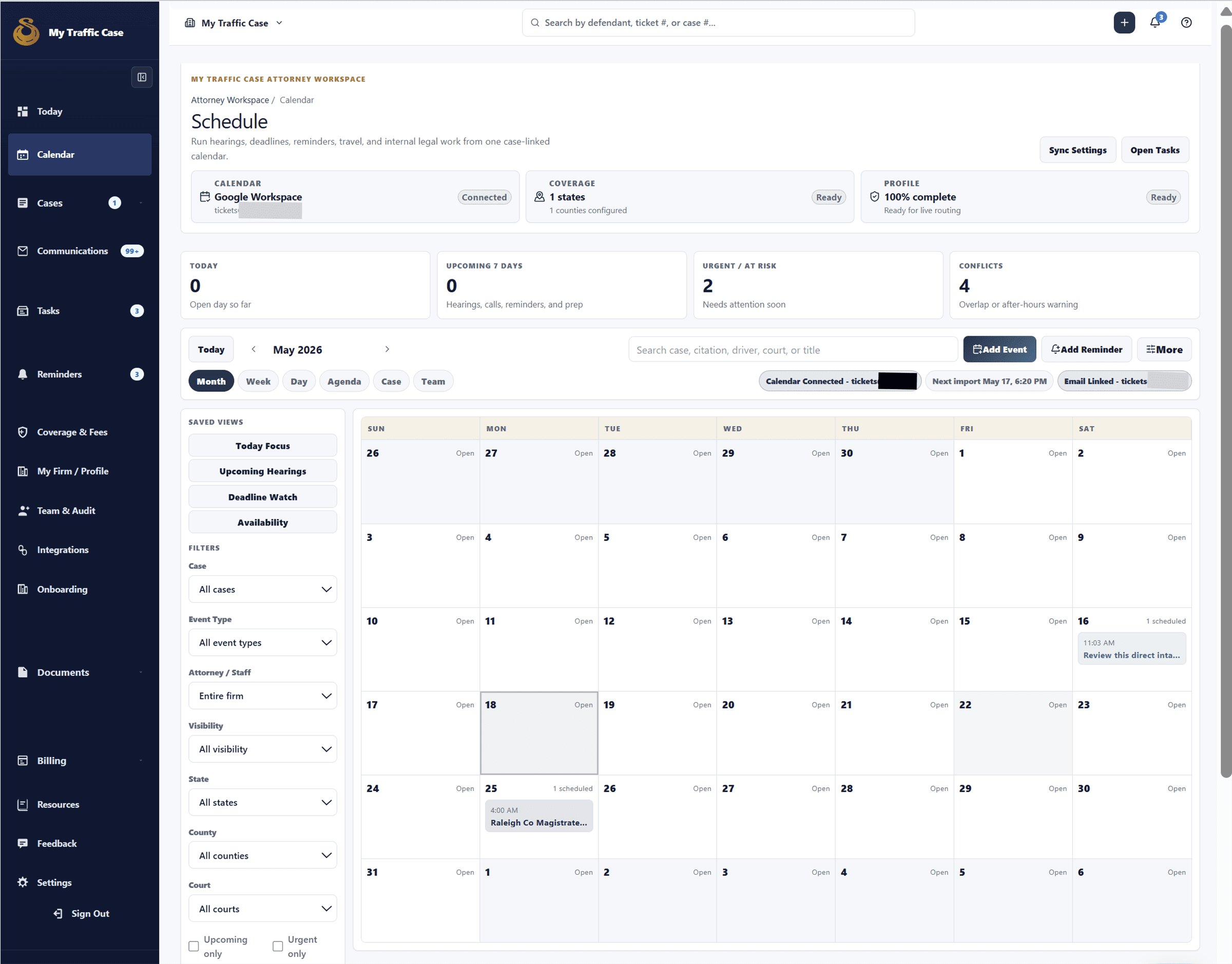 Sanitized attorney calendar showing docketing, scheduled work, and calendar controls.