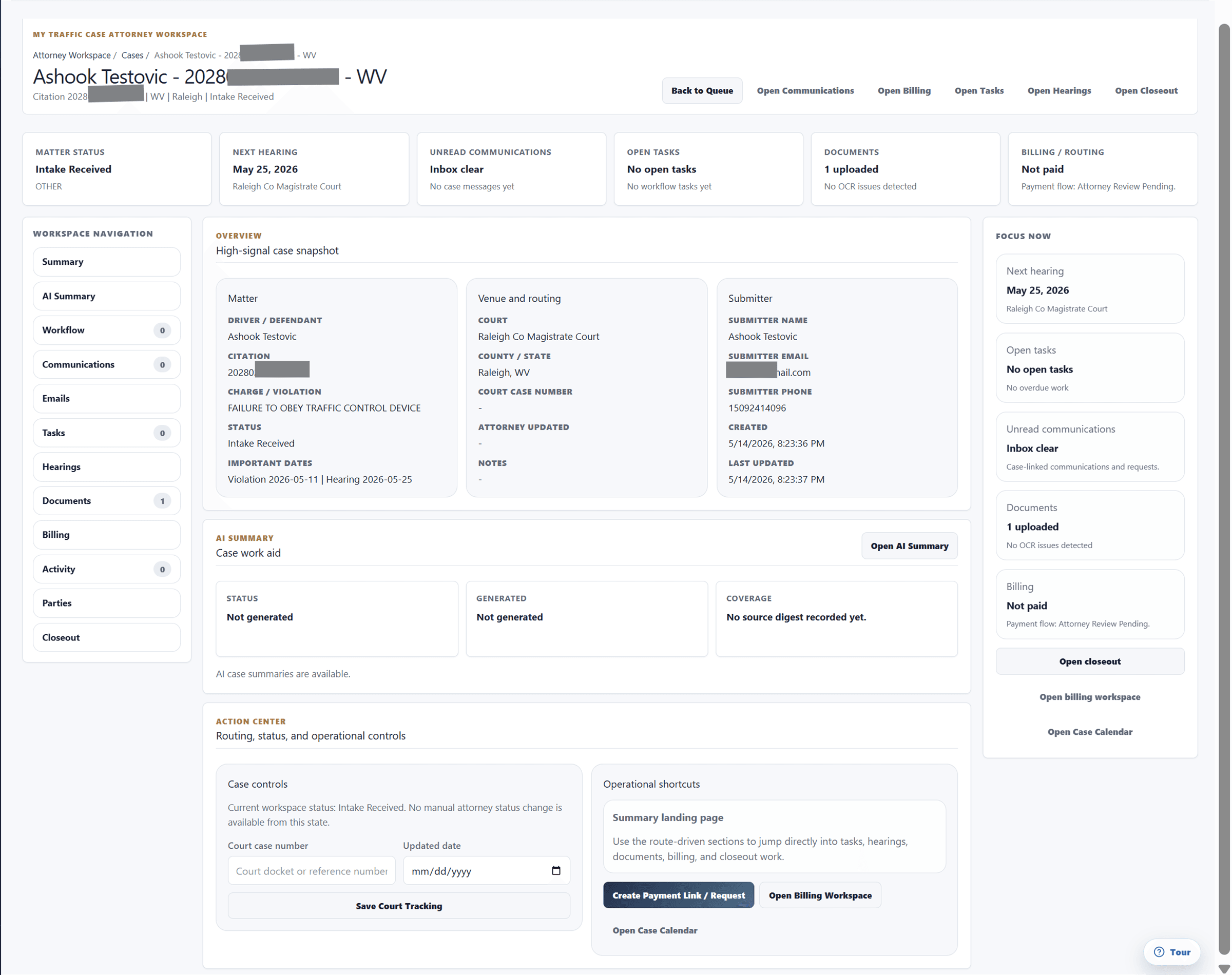 Sanitized MyTrafficCase attorney case workspace showing case sections and action center.