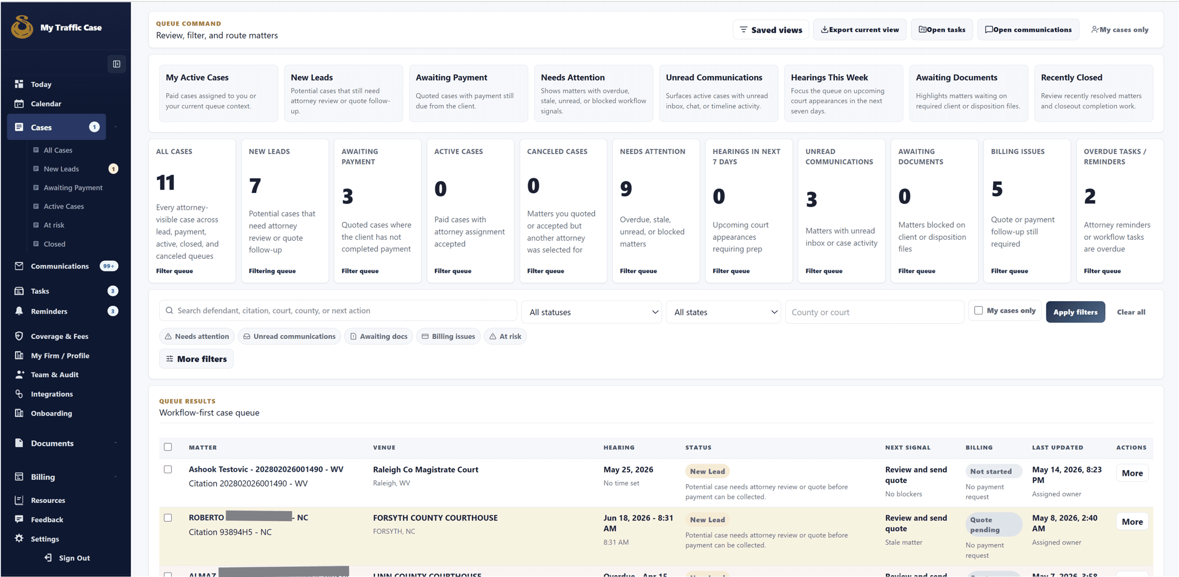 Sanitized attorney case queue showing saved views, filters, status columns, and case rows.
