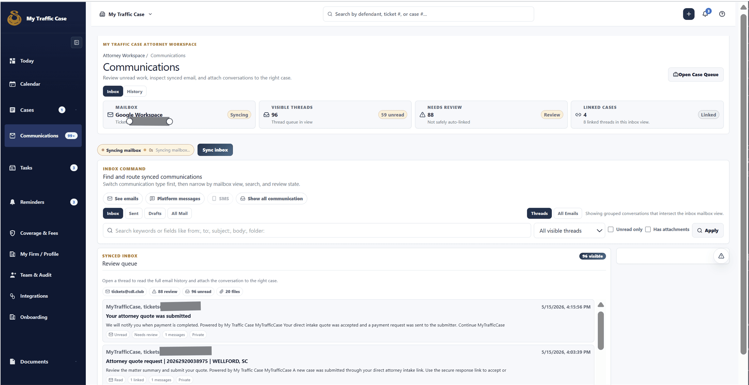 Sanitized attorney communications workbench showing mailbox, message, and case-linking controls.