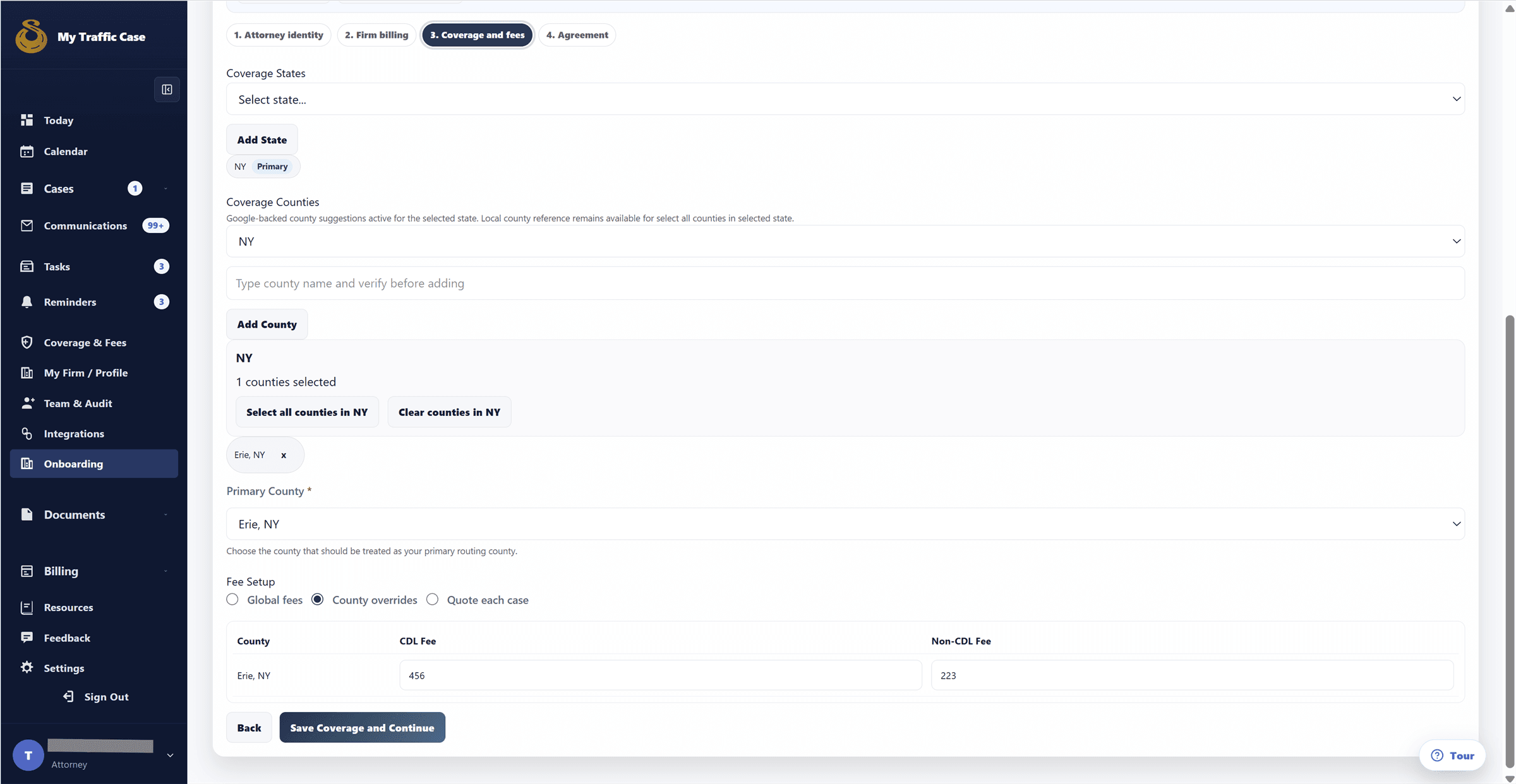 Sanitized coverage and fees settings showing county coverage and pricing controls.