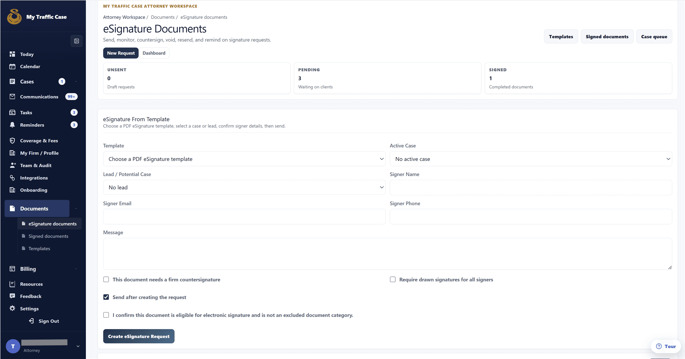 Sanitized eSignature request workflow showing signer fields and request controls.