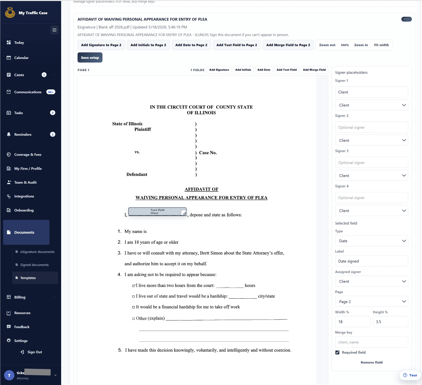 Sanitized eSignature template editor showing reusable document template setup.