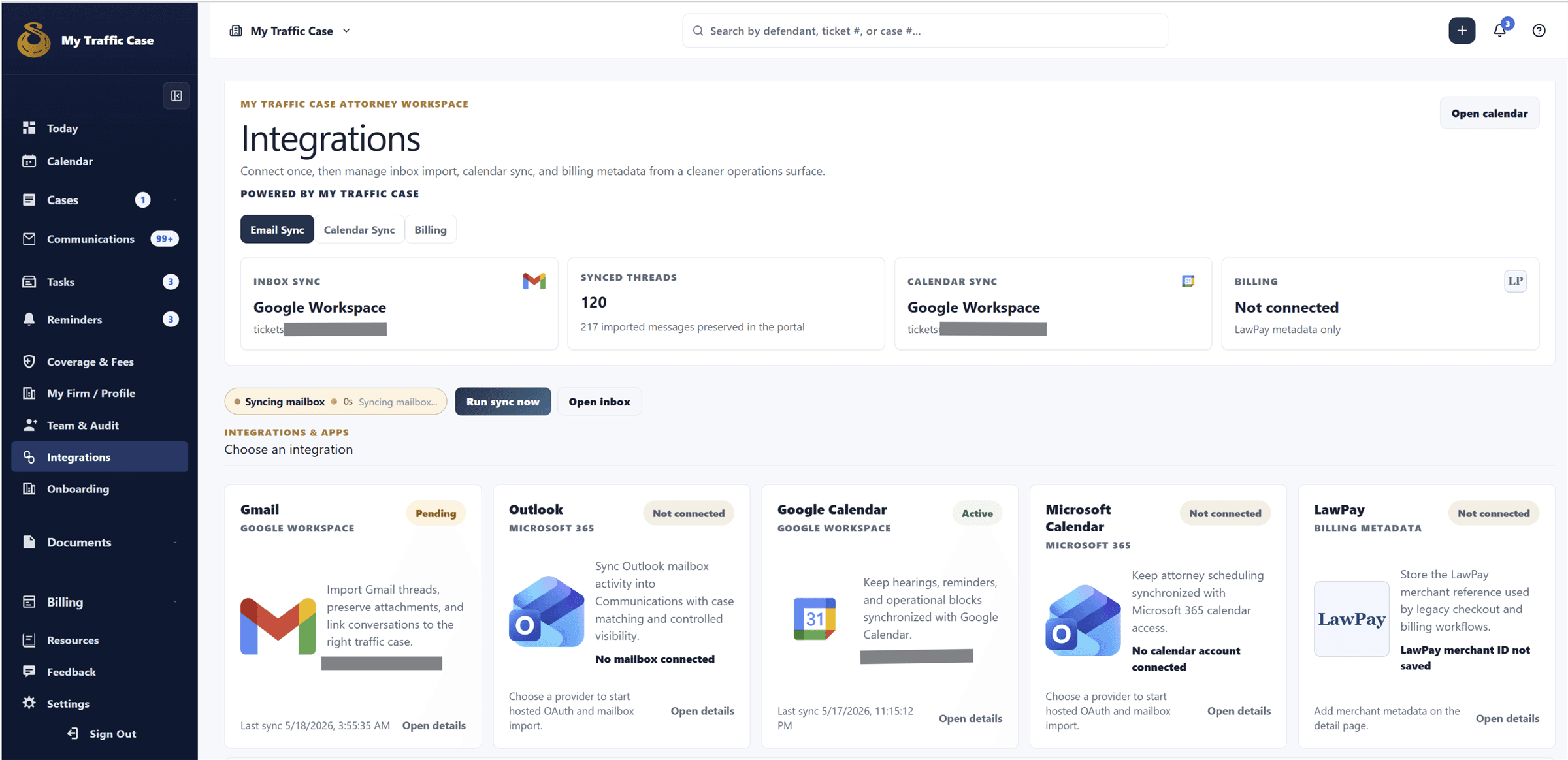 Sanitized integrations dashboard showing email, calendar, and billing integration status cards.