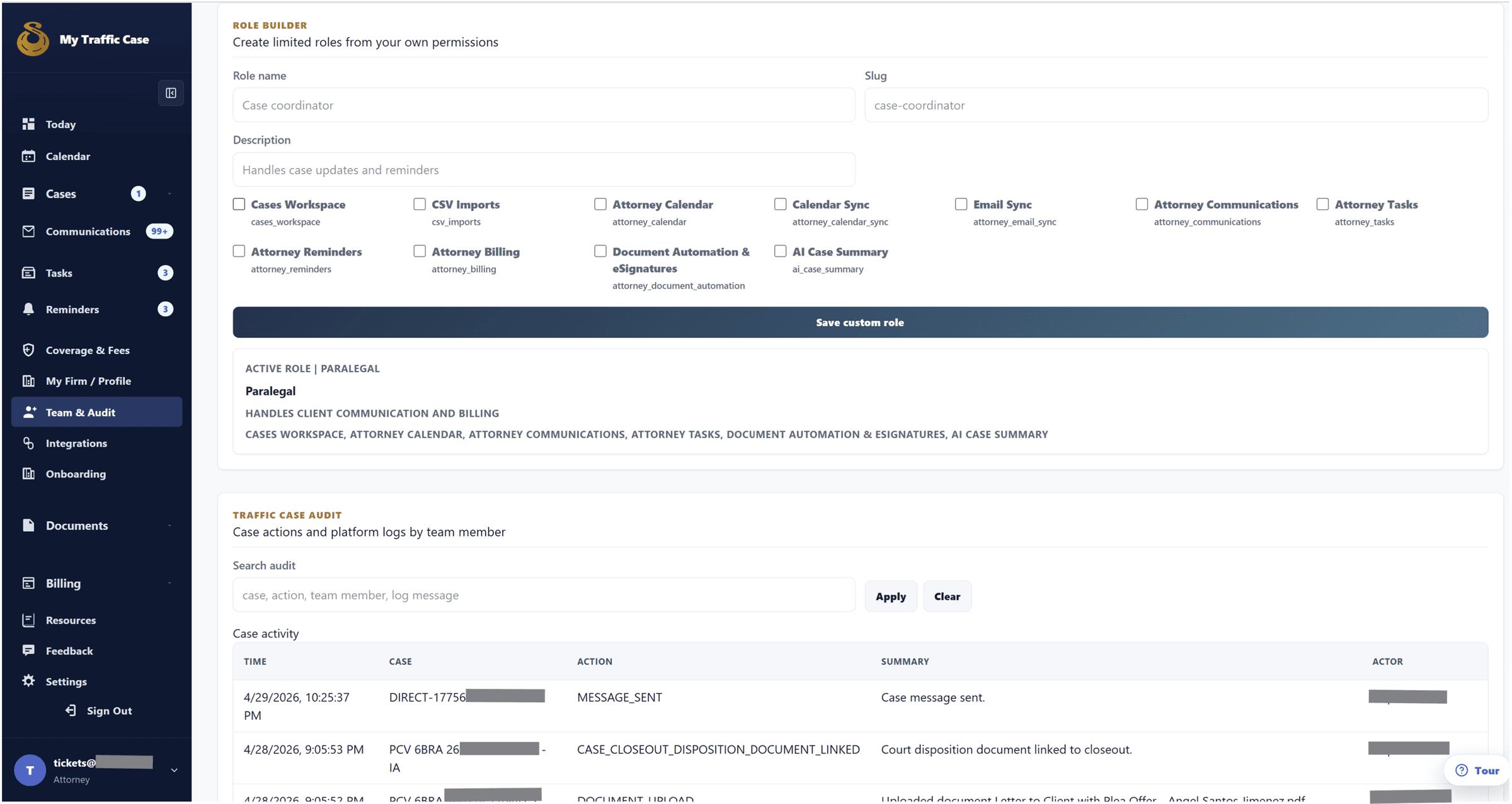 Sanitized team and audit workspace showing member roles and activity controls.