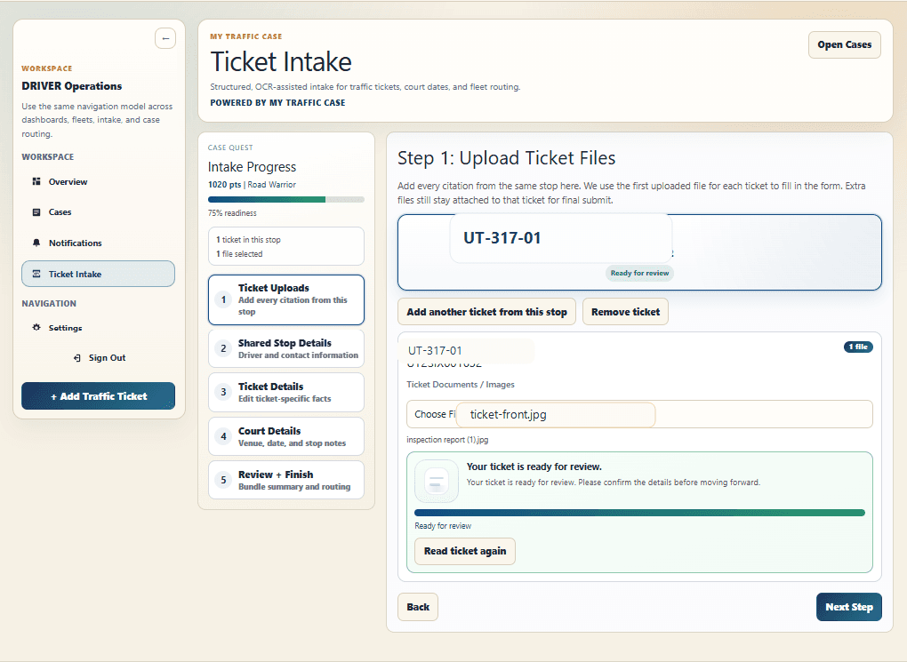 Driver ticket upload screen with ticket upload controls and review state.
